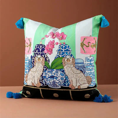 Housse de Coussin - SoftOrient™ - Chiens & Porcelaine Bleue