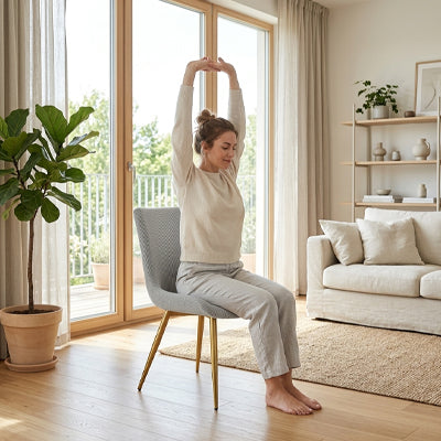 Femme se détend sur housses de chaises dans salon lumineux