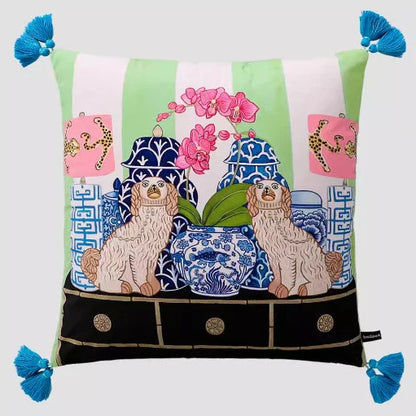 Housse de Coussin - SoftOrient™ - Chiens & Porcelaine Bleue