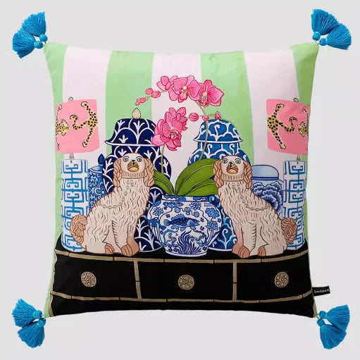 Housse de Coussin - SoftOrient™ - Chiens & Porcelaine Bleue