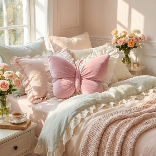 Coussin décoratif pour canapé papillon rose dans une chambre romantique