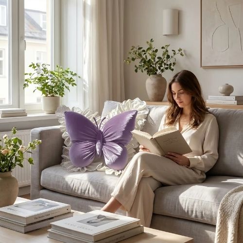Femme lisant avec un cousin décoratif pour canapé en papillon