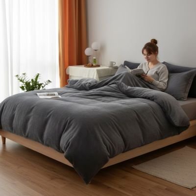 Femme confortablement installée sous une housse de couette flanelle 