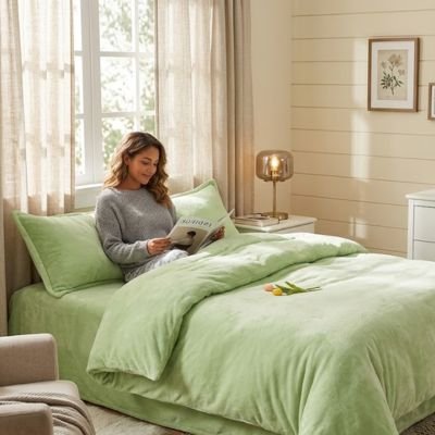 Femme détendue sur une housse de couette flanelle vert tendre