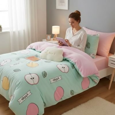 Femme installée au lit avec housse de couette 1 personne 