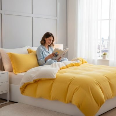Femme lisant sous une housse de couette flanelle 