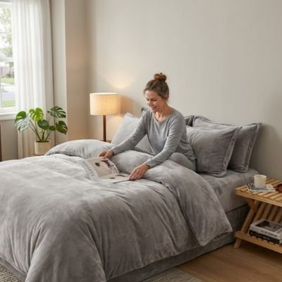 Femme lisant sur une housse de couette flanelle grise