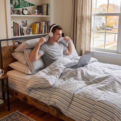 Homme au lit utilisant une Housse de couette 220x240
