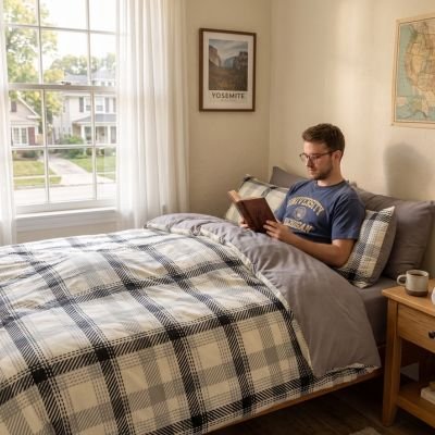 Homme lisant sur une housse de couette 220x240