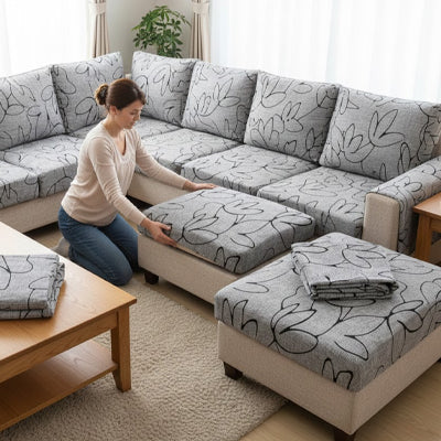 Installation d'une housse canapé d'angle sur une assise

