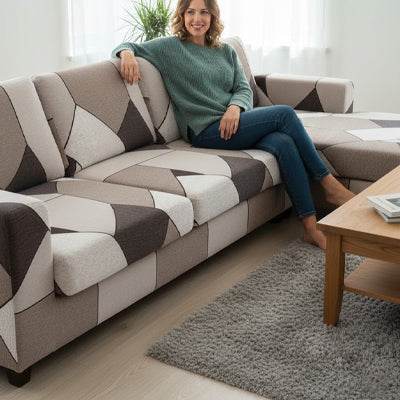 Femme assise confortablement sur une housse canapé d'angle