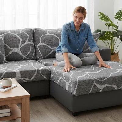 Femme assise sur une housse canapé d'angle