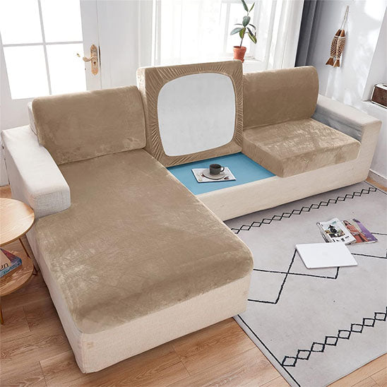 Installation facile d'une housse canapé d'angle en velours