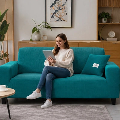 Femme profitant d'une housse de canapé extensible