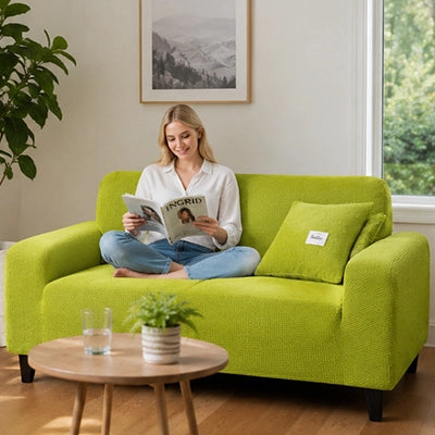 Femme détendue lisant confortablement sur une housse de canapé extensible