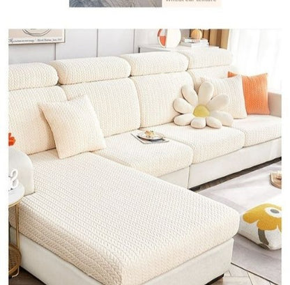 Housse de canapé extensible beige en velours jacquard