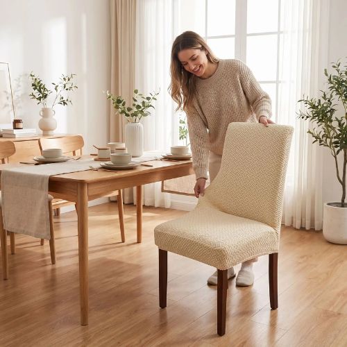 Femme installant une housse de chaise en tissu jacquard extensible