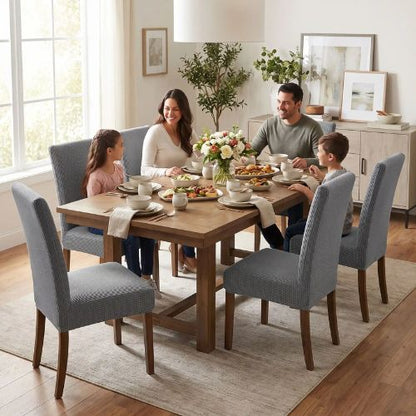 Famille réunie autour d'une table avec housse de chaise