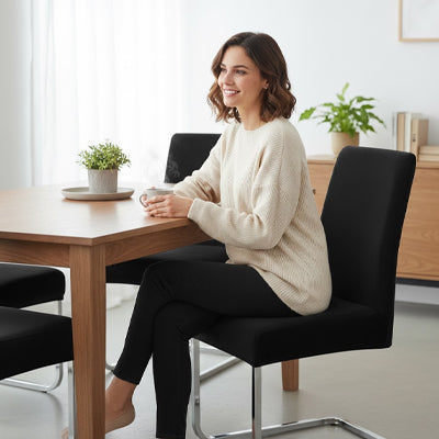 Femme confortable sur housse de chaise salle à manger noir 