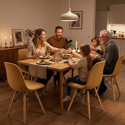 Repas en famille avec une housse de chaise scandinave
