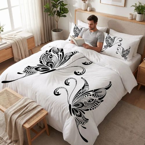 Homme installé sous housse de couette 200x200 à motif papillon