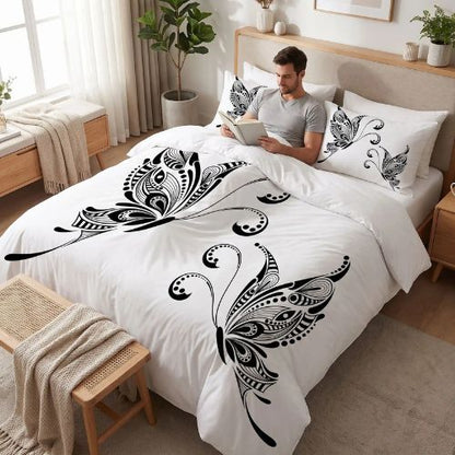 Homme installé sous housse de couette 200x200 à motif papillon