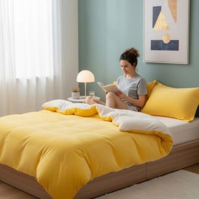 Housse de couette flanelle jaune sur lit douillet