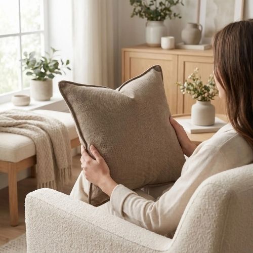 Femme tenant une housse de coussin 50x50 cm en chenille
