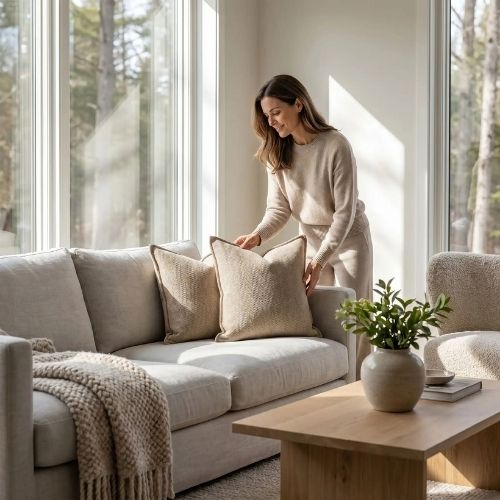 Femme arrange une housse de coussin 50x50 cm sur canapé