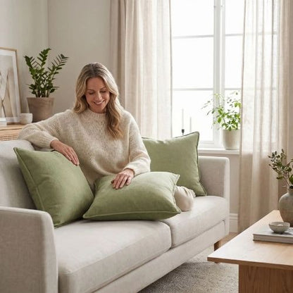 Femme détendue avec housse de coussin 50x50 cm vert sauge