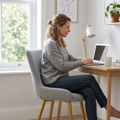 Femme travaillant sur une housses de chaises confortablement